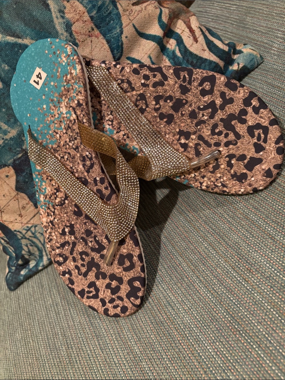 Leopard Print Rhinestone Thong Sandals - Gold